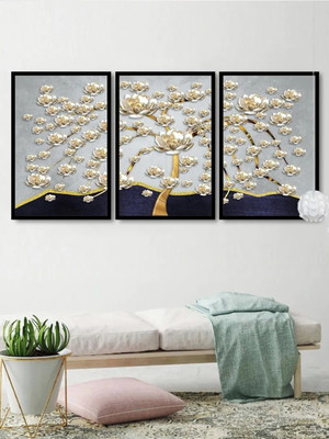 Kit 3 quadros abstrato árvore dourada cinza molduras