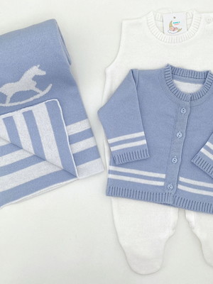 Saída maternidade de menino azul tricot 3 peças