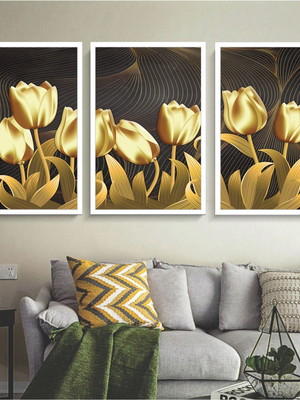 Kit 3 quadros flores douradas modernas molduras