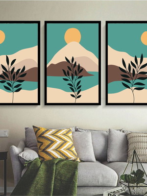 Kit 3 quadros abstrato paisagem folhagem verde molduras