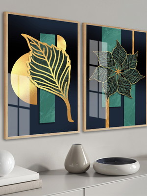 Quadros decorativos folhagem geométrico gold moldura e vidro