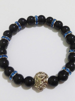 Pulseira pedra ônix 8mm leão com strass azul
