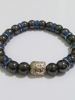 Pulseira pedra hematita com buda e strass azul