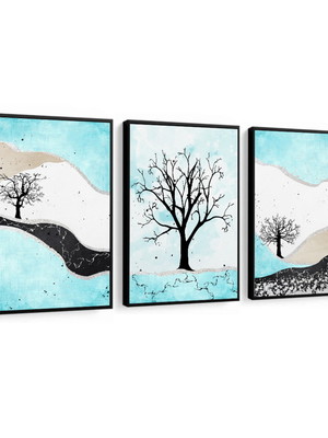 Kit 3 quadros abstrato paisagem árvore tons azul molduras