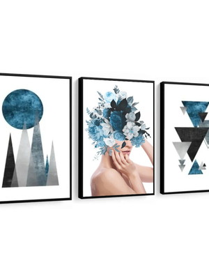 Kit 3 quadros abstrato azul mulher flores molduras