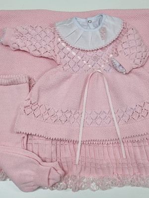 Saída maternidade tricô menina vestido 4 peças rosa bebê