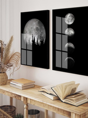 Quadros decorativos fases da lua moderno com moldura e vidro