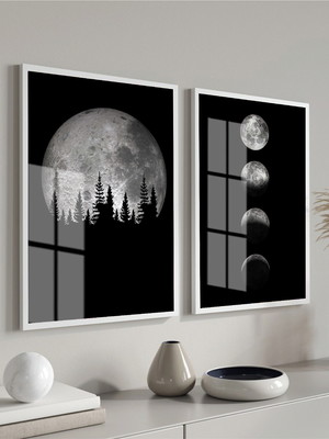 Kit 2 quadros decorativos fases da lua com moldura e vidro