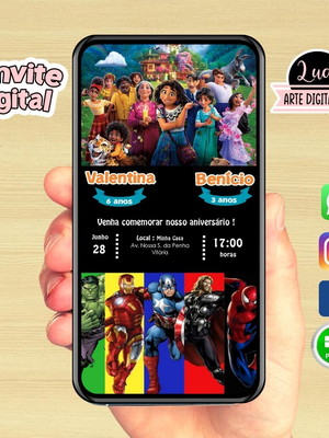 Convite digital dois temas encanto / vingadores