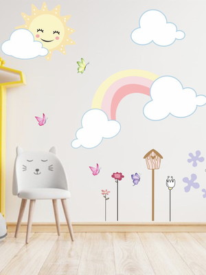 Adesivo de parede infantil menina com gatinho e arco iris