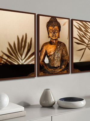 Kit 3 quadros buda rosto dourado meditação molduras