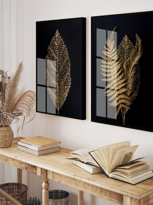 Quadros decorativos folhagem dourada moderno moldura e vidro