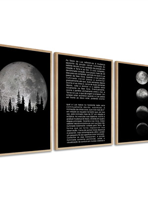 Quadro decorativo lua cheia fases da lua preto com moldura