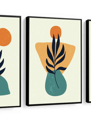 Kit 3 quadros abstrato folhas galhos trio colorido costela