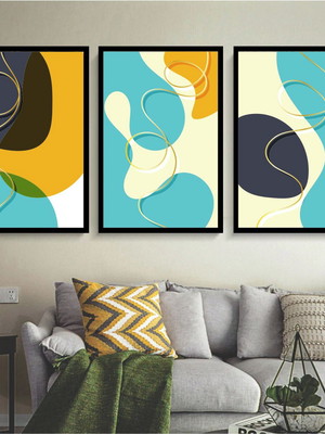 Kit 3 quadros abstrato azul bebe tons azul molduras