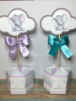 Centro de mesa chá elefantinho verde e lilas