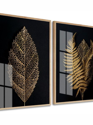 Quadro decorativo folhagem folhas moderno preto e dourado