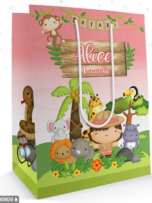 Sacolinha personalizada grande safari menina rosa