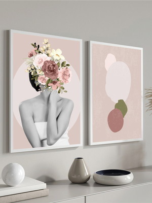 Quadros decorativos mulher flores abstrato rosa com moldura