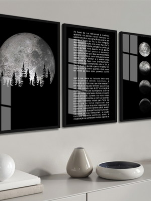 Quadro decorativo fases da lua frases preto com vidro trio