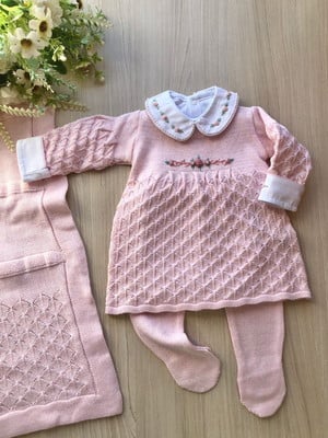 Saida de maternidade menina vestido rosa bordado 4 peças