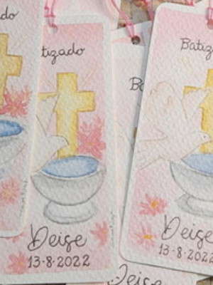 Lembrancinha marca páginas batizado em aquarela original