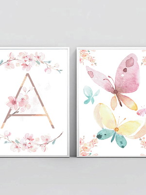 Kit 2 quadros decorativos floral inicial aquarela