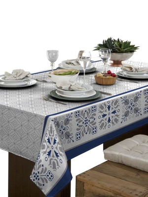 Toalha de mesa linhão 6 lugares retangular azuleijo azul