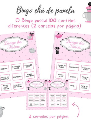 Bingo chá de panela - rosa/cinza (100 cartelas) - pdf