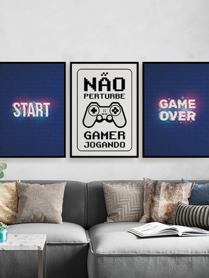 Kit 3 quadros gamer decoração quarto nerd geek 20x28cm