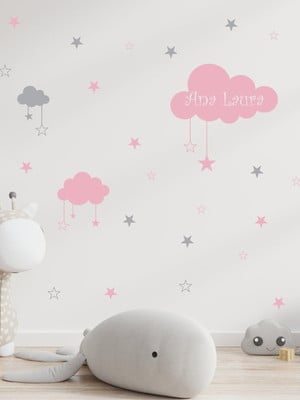 Adesivo de parede nome na nuvem lua pássaro meninas estrelas