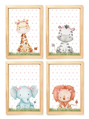 4 quadros decorativos infantil safari baby aquarela menina