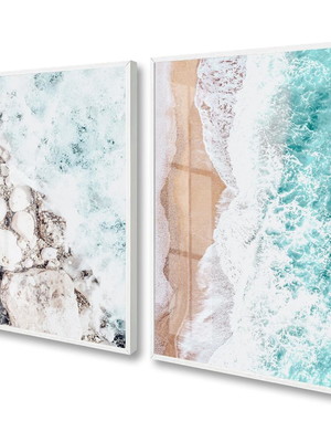 Quadro decorativo mar azul praia ondas com vidro e moldura
