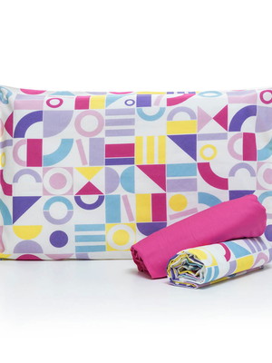 Jogo de cama júnior geometria com lençol de elástico rosa