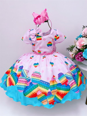 Vestido infantil rosa estampado pop it de festa 4 ao 12 anos