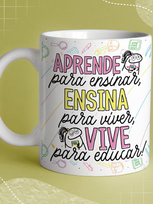 Caneca branca professora vive para educar