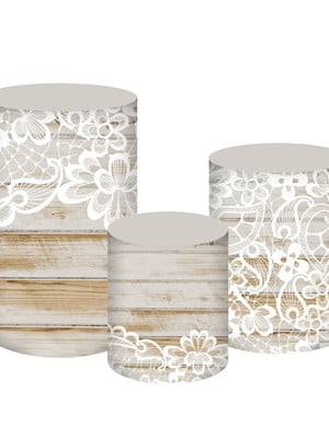 Trio de capas de cilindro em tecido tema madeira e renda