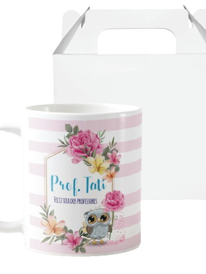 Caneca professora presente agradecimento aluno coruja floral