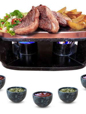 Fondue 2 queimadores pedra sabão + 5 tigelinhas de molho