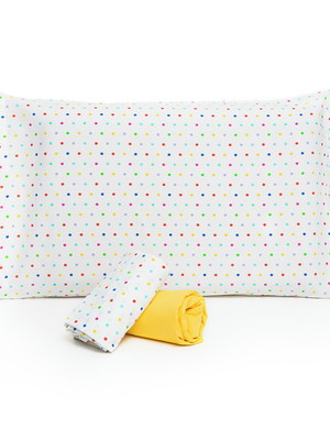 Jogo de cama júnior poá colorido, lençol de elástico amarelo