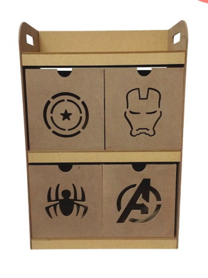 Organizador de brinquedos em mdf cru super herois 4 gavetas