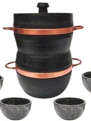 Cuscuzeira em pedra sabão - 3 em 1 utilidades + 4 cumbucas