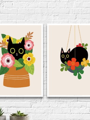 Kit 2 quadros gato com flores