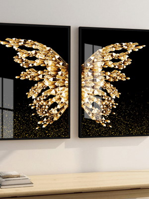 Quadros decorativos borboleta asas douradas moldura e vidro