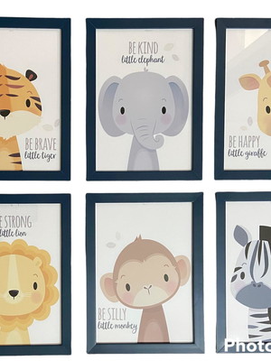Kit quadro infantil safari decorativo moldura azul marinho