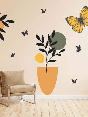 Adesivo parede floral minimalista boho borboleta flor b57