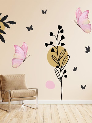 Adesivo parede floral minimalista boho borboleta rosa b58
