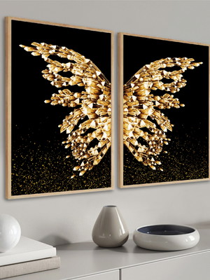 Quadros decorativos borboleta asas douradas com moldura