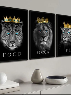 Quadros decorativos foco força fé animais 3 molduras