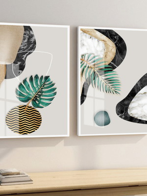 Quadros decorativos folhagem verde dourado moldura e vidro